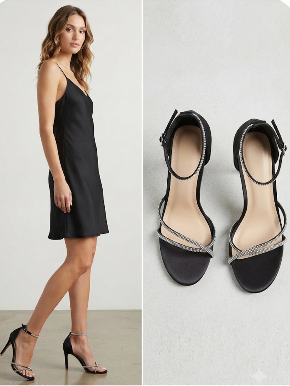 Black Crystal-Trim Ankle-Strap High Heel Sandals